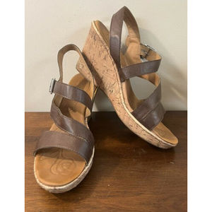 BOC Born Concept Women 10 M Brown Leather Strappy Cork Wedge Sandals Buckle